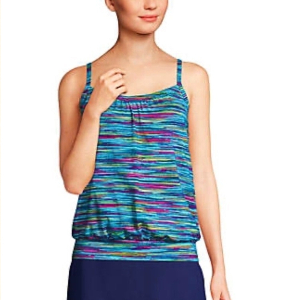 Land's End Chlorine Resistant Blouson Tummy Hiding Tankini Swimsuit Top